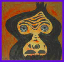 orange ape head painting with beer cap eyes